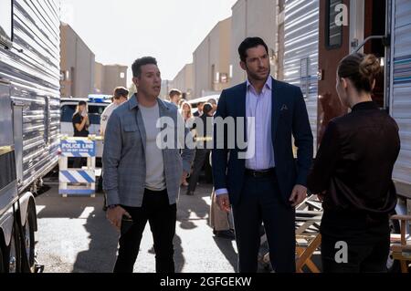 LUCIFER, l-r: Tom Ellis, Kevin Alejandro, Patrick Fabian in 'Off the ...