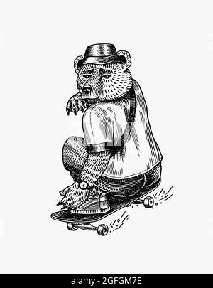 Bear rides a skateboard. Fashion character. Victorian gentleman. Vintage retro look. Hand drawn sketch. Vector engraved illustration for logo and Stock Vector