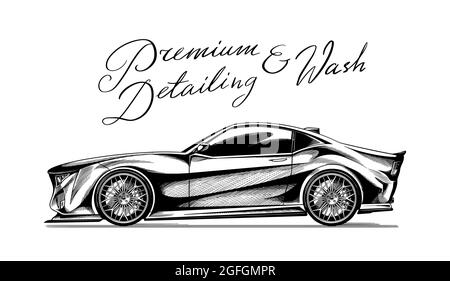 Premium wash. Car in Hatching doodle style. Auto detailing. Vehicle service or Automobile center. Hand drawn sketch line. Vector illustration concept Stock Vector