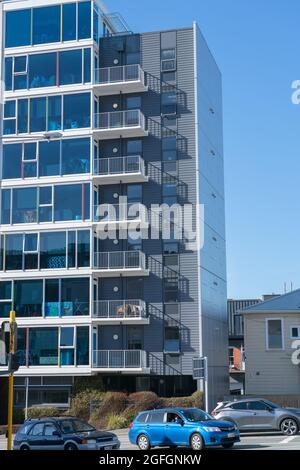 Wellington New Zealand - July 31 2021; Modern high-rise apartment building in urban Wellington Stock Photo