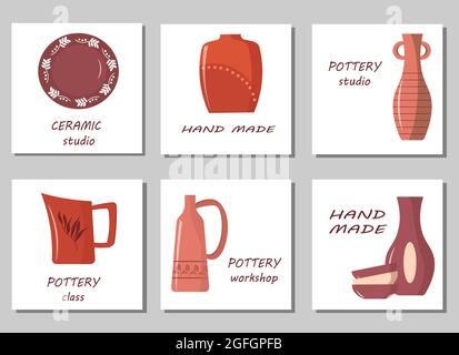 A set of cards for the pottery workshop. Images of various handmade items - vases, plates, jug and bowls. Stock Vector