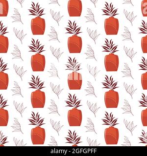 Pattern with clay vases and leaf branches. Vector illustration isolated on white background. Stock Vector