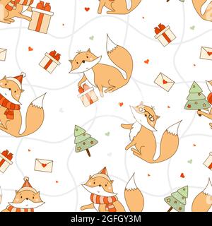 Seamless pattern with winter foxes. New Years animal in a Santa hat with a Christmas tree and gifts on a white background with a net. Vector Stock Vector