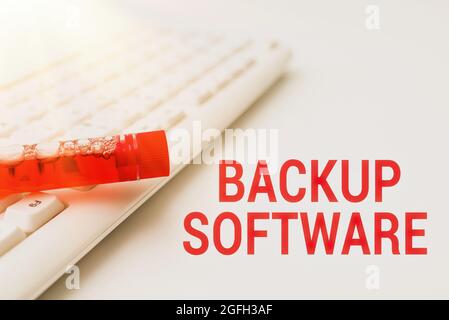 Text caption presenting Backup Software. Word for create extra exact copies of files or entire computers Typing Medical Notes Scientific Studies And Stock Photo