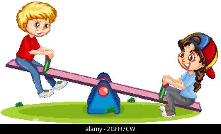 Cartoon character boy and girl playing seesaw on white background illustration Stock Vector
