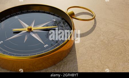 Round magnetic compass on world map with copy space. 3D rendering illustration. Stock Photo