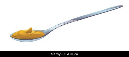 Mustard yellow curl in the spoon. Dijon honey sauce cream. Vector design in cartoon style for food branding. Stock Vector