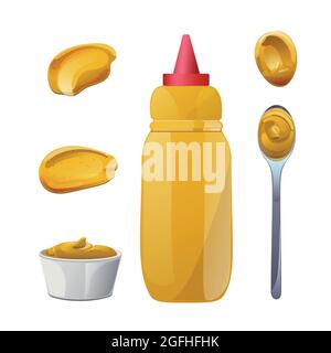 Mustard bottles and splashes set. Dijon honey sauce cream. Vector design in cartoon style for food branding. Stock Vector