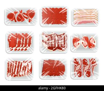 Meat packaging illustration. Plastic tray of minced meat, steaks, ham, bacon of pork, beef and lamb. Products on the counter of the butcher store Stock Vector