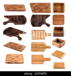 Isolated wooden cookware boards collection collage Stock Photo