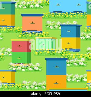 Apiary with bees and hives. In the meadow with green grass and blooming daisies and dandelions. Seamless pattern. Vector Stock Vector