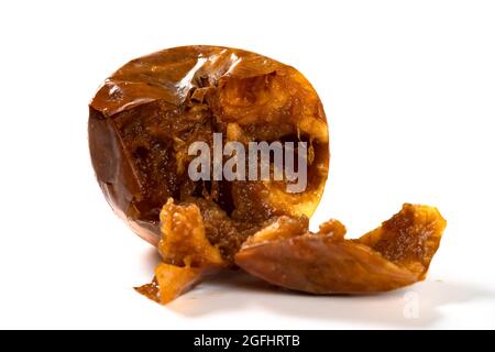 side view badly rotten apple with worm on a white background Stock ...