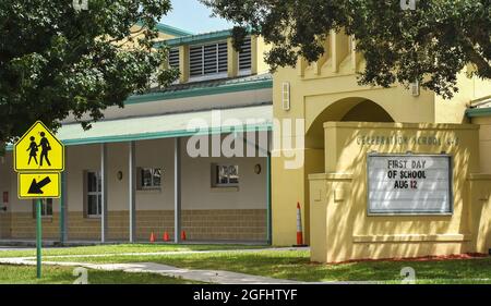 Celebration, United States. 25th Aug, 2021. The Celebration K-8 School near Walt Disney World in Florida is seen after being closed for the remainder of the week due to safety concerns following a surge in COVID-19 cases among students and staff. Classes were moved to virtual learning after several hundred kids and a number of teachers were placed in quarantine. Credit: SOPA Images Limited/Alamy Live News Stock Photo