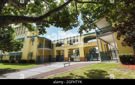 Celebration, United States. 25th Aug, 2021. The Celebration K-8 School near Walt Disney World in Florida is seen after being closed for the remainder of the week due to safety concerns following a surge in COVID-19 cases among students and staff. Classes were moved to virtual learning after several hundred kids and a number of teachers were placed in quarantine. Credit: SOPA Images Limited/Alamy Live News Stock Photo