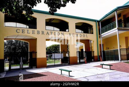 Celebration, United States. 25th Aug, 2021. The Celebration K-8 School near Walt Disney World in Florida is seen after being closed for the remainder of the week due to safety concerns following a surge in COVID-19 cases among students and staff. Classes were moved to virtual learning after several hundred kids and a number of teachers were placed in quarantine. (Photo by Paul Hennessy/SOPA Images/Sipa USA) Credit: Sipa USA/Alamy Live News Stock Photo