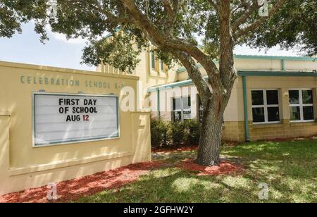 Celebration, United States. 25th Aug, 2021. The Celebration K-8 School near Walt Disney World in Florida is seen after being closed for the remainder of the week due to safety concerns following a surge in COVID-19 cases among students and staff. Classes were moved to virtual learning after several hundred kids and a number of teachers were placed in quarantine. (Photo by Paul Hennessy/SOPA Images/Sipa USA) Credit: Sipa USA/Alamy Live News Stock Photo