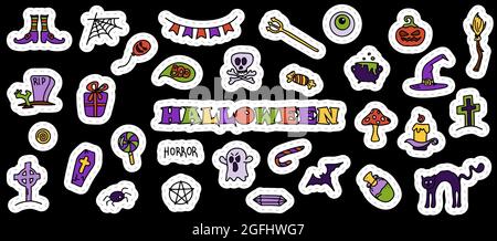 vector hand drawn Doodle Halloween set Colorful cartoon cliparts, symbols, patterns Banners for ad, web, party Stock Vector