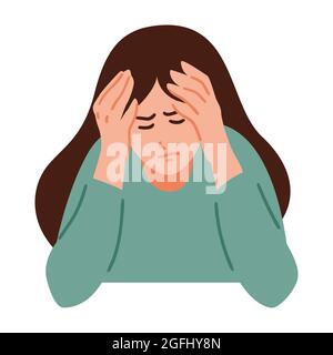 A woman is having a headache. Girl feels anxiety and depression. Psychological health concept. Nervous, apathy, sadness, sorrow, unhappy, desperate, m Stock Vector