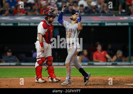 Texas Rangers' Jason Martin, left, Andy Ibanez, center, and DJ Peters  celebrate after defeating the Boston Red Sox during a baseball game,  Saturday, Aug. 21, 2021, in Boston. (AP Photo/Michael Dwyer Stock