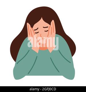 A woman is having a headache. Girl feels anxiety and depression. Psychological health concept. Nervous, apathy, sadness, sorrow, unhappy, desperate, m Stock Vector