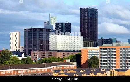 A high level view of new skyscrapers in central Manchester, England, United Kingdom, seen from the South of the city Stock Photo