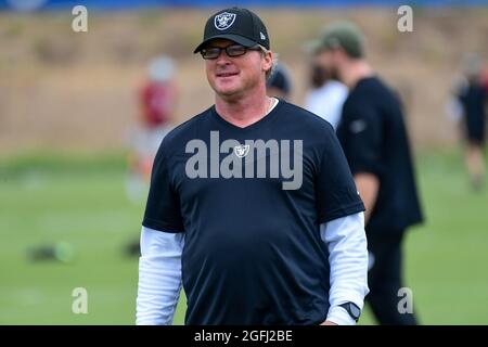 Las Vegas Raiders head coach Jon Gruden during training camp on Wednesday, Aug 18, 2021, in Thousand Oaks, Calif. (Dylan Stewart/Image of Sport) Stock Photo