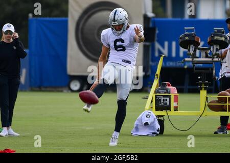 Las Vegas Raiders punter AJ Cole (6) kicks the ball during training camp on Thursday, Aug 19, 2021, in Thousand Oaks, Calif. (Dylan Stewart/Image of S Stock Photo