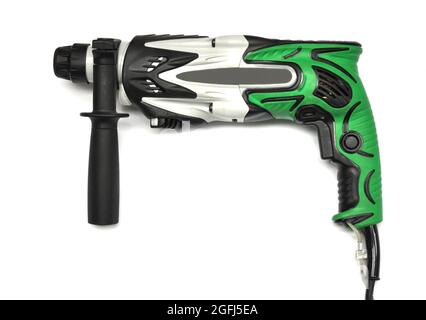 A close-up on a black and green powerful electric rotary hammer drill, percussion drill or impact drill with multi function hand. Stock Photo