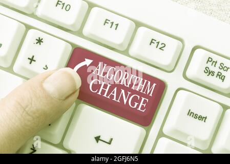 Handwriting text Algorithm Change. Business concept change in procedure designed to perform an operation Typing Difficult Program Codes, Writing New Stock Photo