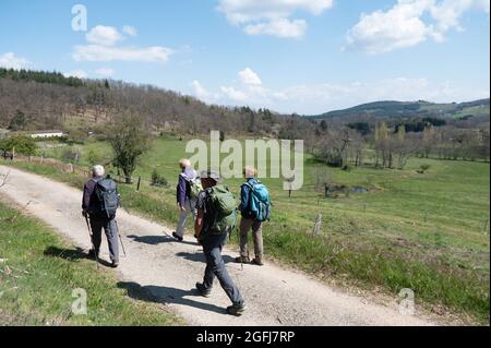 Couple of senior hikers near Alboussiere, in the Ardeche department (south eastern France) Stock Photo