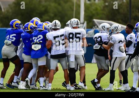 A fight breaks out between the Los Angeles Rams and Las Vegas Raiders during training camp on Thursday, Aug 19, 2021, in Thousand Oaks, Calif. (Dylan Stock Photo