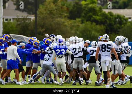 A fight breaks out between the Los Angeles Rams and Las Vegas Raiders during training camp on Thursday, Aug 19, 2021, in Thousand Oaks, Calif. (Dylan Stock Photo