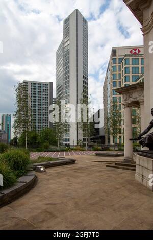 Looking past the Hall of Memory to the Grade II listed Alpha Tower, a fine modernist building in the city centre, Birmingham, West Midlands, UK Stock Photo