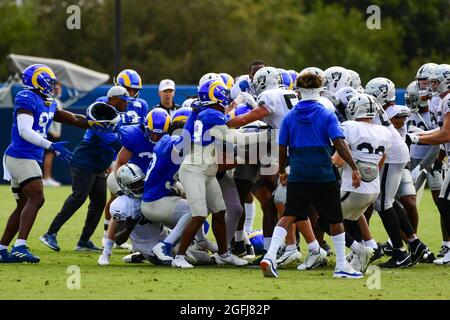 A fight breaks out between the Los Angeles Rams and Las Vegas Raiders during training camp on Thursday, Aug 19, 2021, in Thousand Oaks, Calif. (Dylan Stock Photo