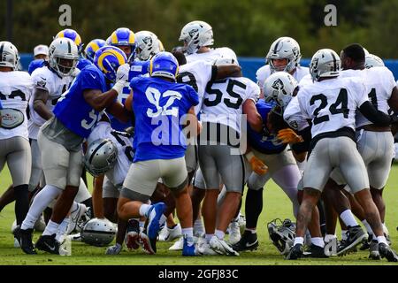 A fight breaks out between the Los Angeles Rams and Las Vegas Raiders during training camp on Thursday, Aug 19, 2021, in Thousand Oaks, Calif. (Dylan Stock Photo