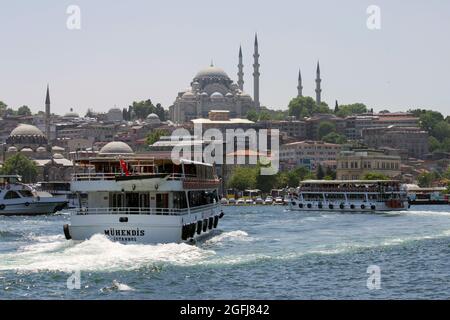 Istanbul, Turkey - June 8, 2014: The Suleymaniye Mosque is an Ottoman imperial mosque located on the Third Hill of Istanbul, Turkey. Stock Photo