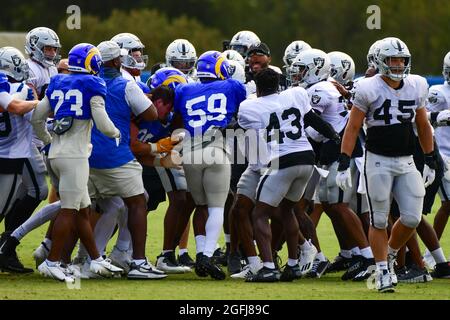 A fight breaks out between the Los Angeles Rams and Las Vegas Raiders during training camp on Thursday, Aug 19, 2021, in Thousand Oaks, Calif. (Dylan Stock Photo