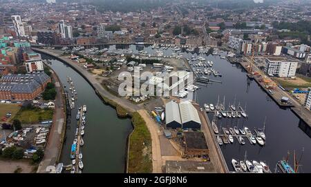 An aerial photo of the Wet Dock in Ipswich, Suffolk, UK Stock Photo