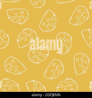 Vector seamless pattern with white outlines of triangular pieces of cheese. Design with hand drawn cheese. Stock Vector