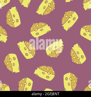 Vector seamless pattern with cheese with holes. Design with pieces of cheese. Stock Vector