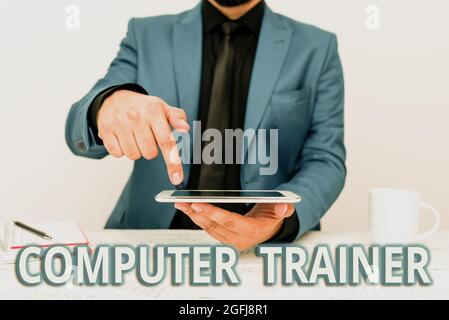 Text showing inspiration Computer Trainer. Business concept instruct and help users acquire proficiency in computer Presenting Communication Stock Photo