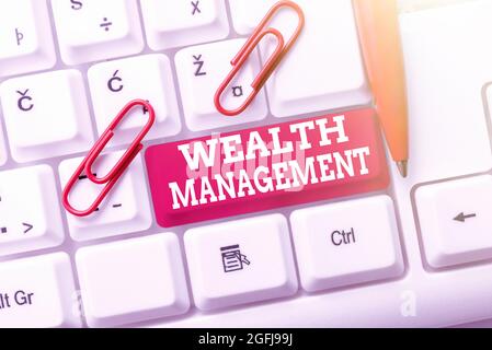Writing displaying text Wealth Management. Business idea performance tracking of the funds as per regular market Posting New Social Media Content Stock Photo