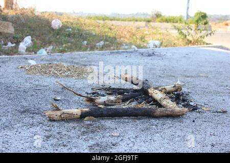 Charred wood, tree bark with ash pile, burn firewood Stock Photo