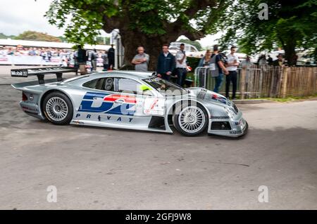 Mercedes Benz CLK GTR racing car driving out from the assembly area at the Goodwood Festival of Speed motor racing event 2014. Stock Photo