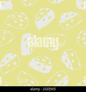 Vector seamless pattern with white cheese on yellow background. Cheese with holes. Stock Vector