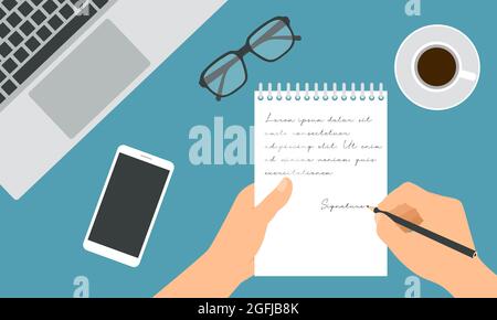 Flat design illustration of hand holding notebook and pencil writing notes. Work desk with laptop, glasses and cup of coffee - vector Stock Vector