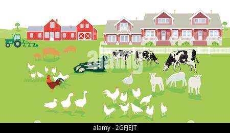 Farm with country house and farm animals illustration Stock Vector