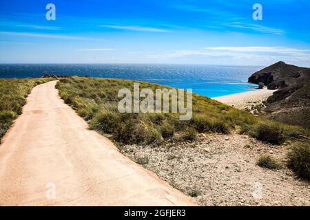 Landscape of the coastal area Cabo de Gata, province of Almeria, Andalucia, Spain. Playa de los Muertos (Beach of the Dead) in Carboneras, Cabo de Gat Stock Photo