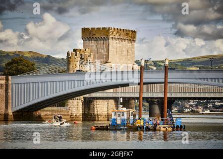 Conwy North Wales Marina in the River Conwy with National Trust Gothic Conwy Suspension Bridge, road and railway bridges Stock Photo