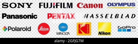 Vinnytsia, Ukraine - August 19, 2021. Top photo camera company brand logo set. Canon, Nikon, Sony, Fujifilm, Olympus, Panasonic, Pentax, Leica, Hassel Stock Vector